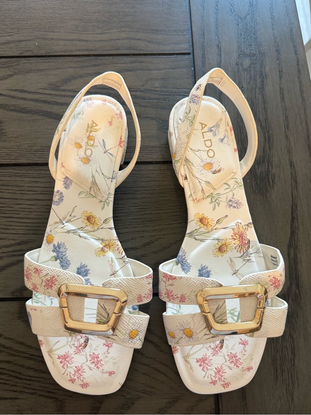 ALDO White Floral Buckle Slingback Sandals with Gold Accent
